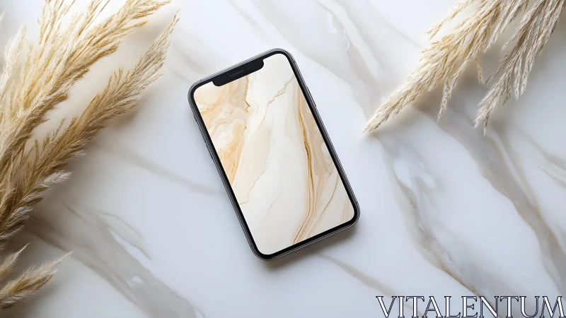 Modern smartphone on marble surface with beige pampas grass decor.
