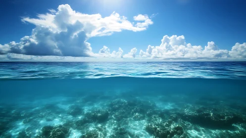 Tropical ocean horizon with split underwater reef view.
