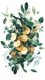 Gold coins arranged among dense green leaves on white.