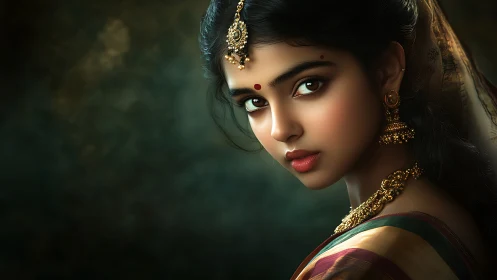 Portrait shows young woman in traditional Indian jewelry