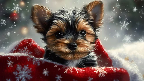 Yorkshire terrier puppy in red blanket under falling snow.