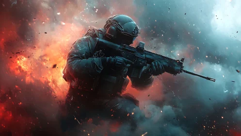 Armored soldier aiming rifle amid fiery battlefield clouds.