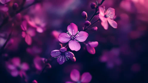 Macro Pink Four-Petaled Blossoms in Deep Bokeh Field. Botanical