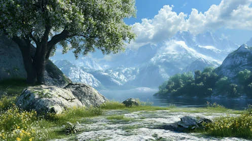 Lakeside blossoms beneath bright peaks and drifting clouds.