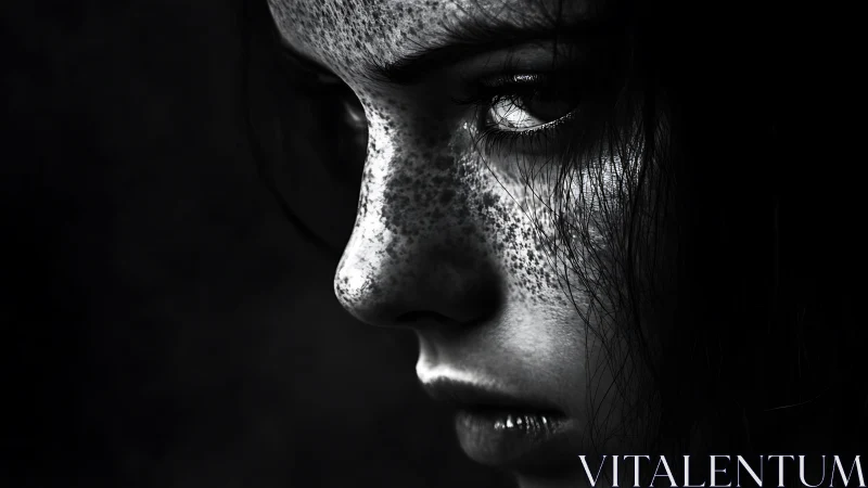 Freckled face emerges from shadow in stark monochrome study.