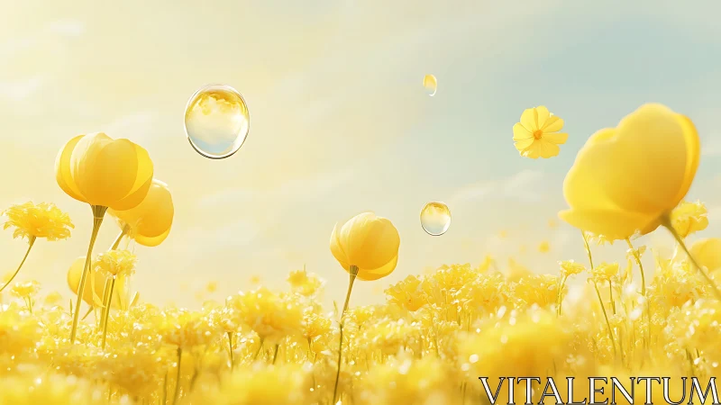 Yellow flowers with suspended water droplets floating in sky