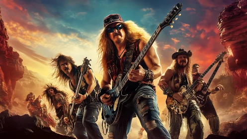 Rock band with electric guitars performs in desert canyon landscape