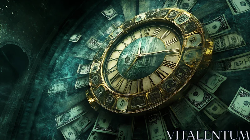 Gilded clock face encircled by layered US dollar bills.