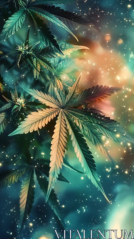 Cannabis leaves against glowing teal and orange bokeh.