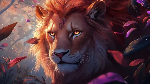 Majestic lion portrait in glowing fantasy forest scene.