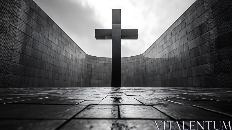 Monolithic steel cross rises in solemn minimalist courtyard.