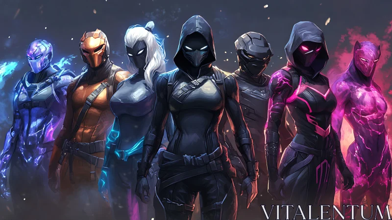 Cybernetic strike squad lines up in neon-illuminated tactical armor