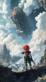 Red-haired scout surveys colossal airship in floating sky city