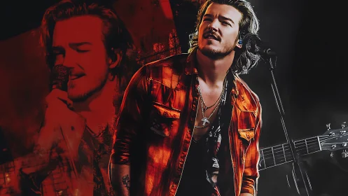 Male vocalist on stage with guitar and red overlay portrait.