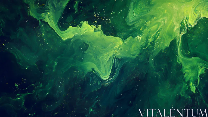 Vivid Green Abstract Fluid Art With Swirling Cosmic Patterns.