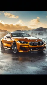 Orange BMW coupe on wet road with snowy hills at sunset.
