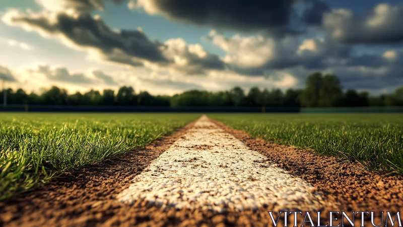 Sports field boundary line cuts through turf under clouds