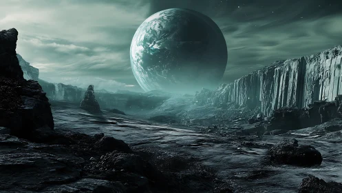 Desolate alien canyon under looming green planet.