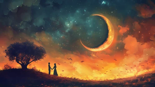 Couple Beneath Burning Crescent Moon.
