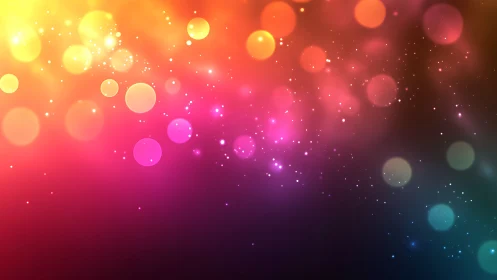 Neon bokeh fireflies drifting across a rainbow dusk veil.