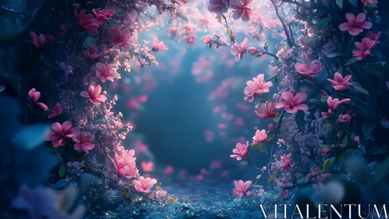 Pink magnolia blooms frame ethereal blue garden path with luminous bokeh depth.