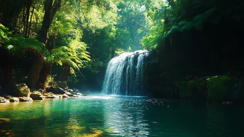 Sunlit rainforest waterfall cascades into a clear turquoise pool