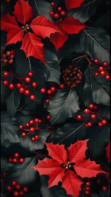 Holly leaves, red berries and pine cones pattern background.