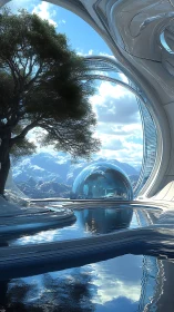 Futuristic alpine sanctuary blends glass domes and water.