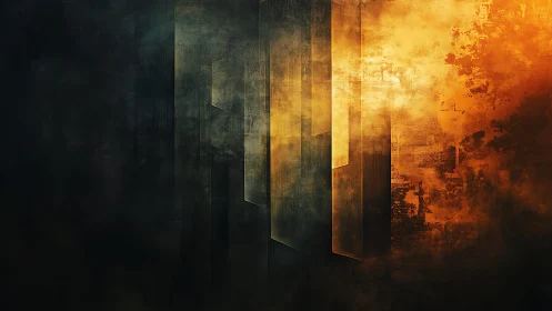 Abstract geometric pillars with dark and fiery orange textures.