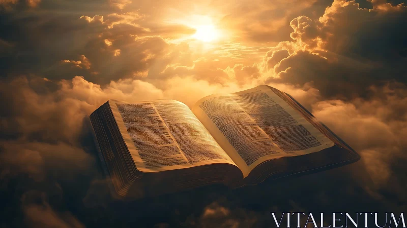 Heavenlit scripture drifts through clouds toward blazing dawn