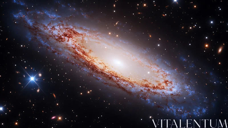 Spiral galaxy with bright core in dense star field in space.