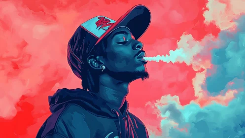 Side-profile digital portrait exhaling vapor in neon color clouds