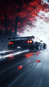Cinematic drift racer under scarlet forest canopy at speed.