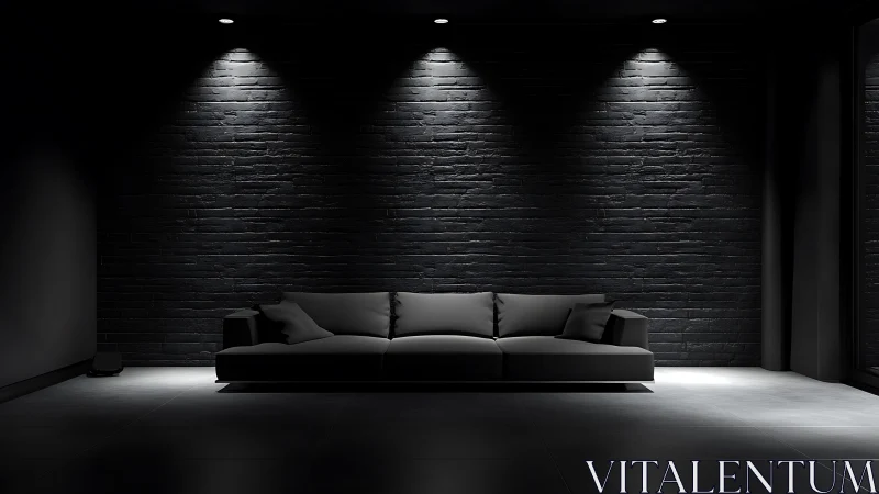 Minimalist black sofa set against dark brick wall
