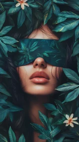 Woman with leaf visor framed by lush green foliage.