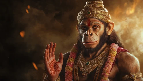 Divine monkey warrior raises blessing hand in gold armor