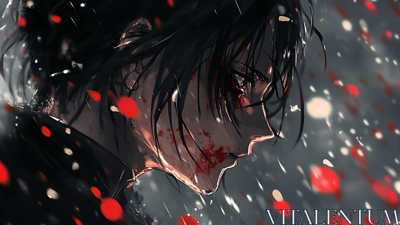 Battle-scarred anime profile under storm of red embers.