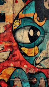 Vivid street mural with bold cartoon eye motif on brick wall.