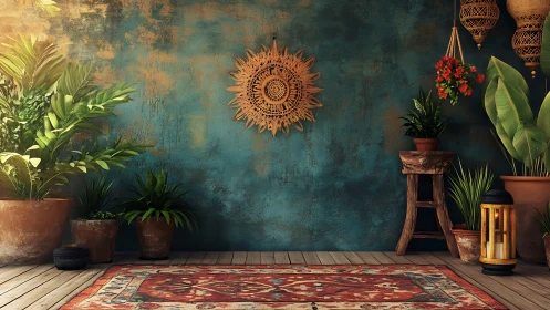 Boho botanical interior with teal patina wall and woven sunburst.