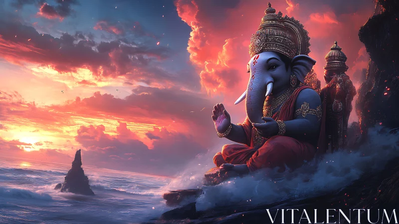 Ganesh deity rendered in high-detail digital painting at sunset