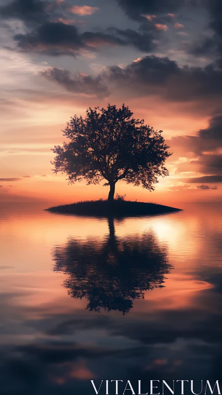 Solitary tree reflected on calm water at sunset.