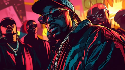Neon-lit hip-hop crew portrait with stylized vector lighting effects
