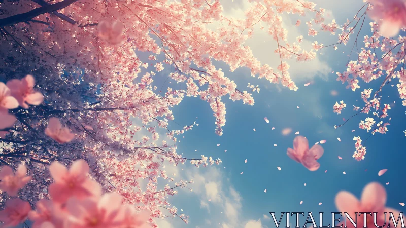 Luminous Cherry Blossoms Suspended Against Radiant Blue Sky.