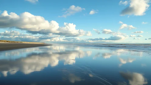Calm tidal flats reflect soft clouds under clear coastal sky