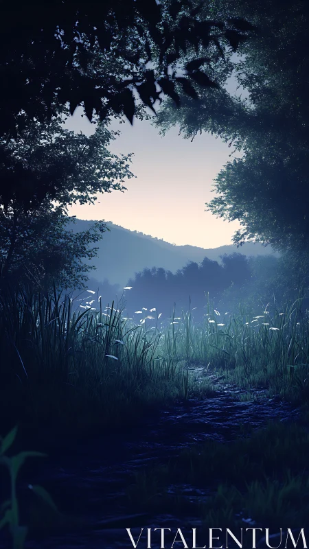 Mystical Forest Clearing at Dawn with Luminescent Mist.