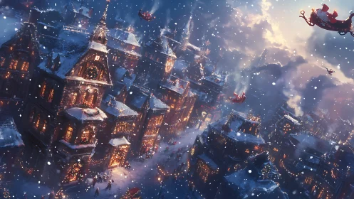 Snow-covered townscape with illuminated buildings at dusk.