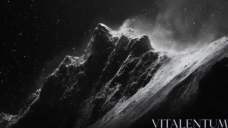 Monochrome mountain ridge with snow and drifting particles.