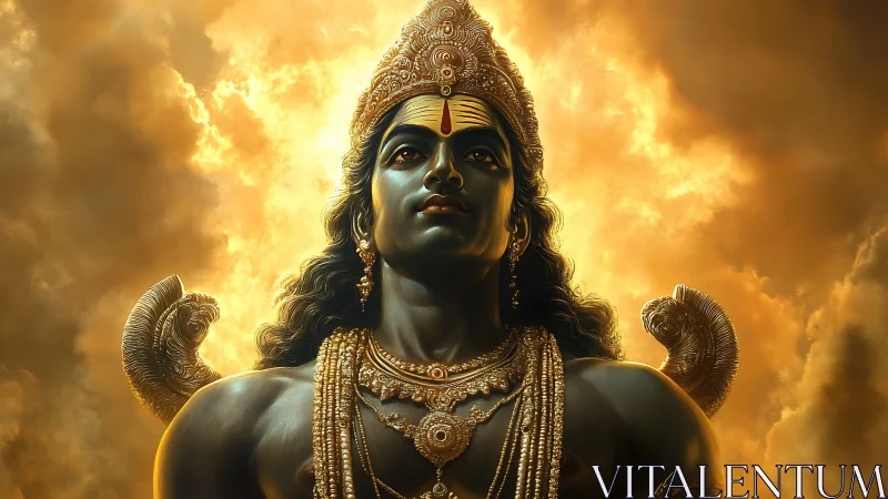 Divine warrior deity glows within molten golden clouds.