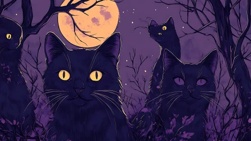 Black Cats Convene Under Golden Moon's Watchful Gaze Tonight