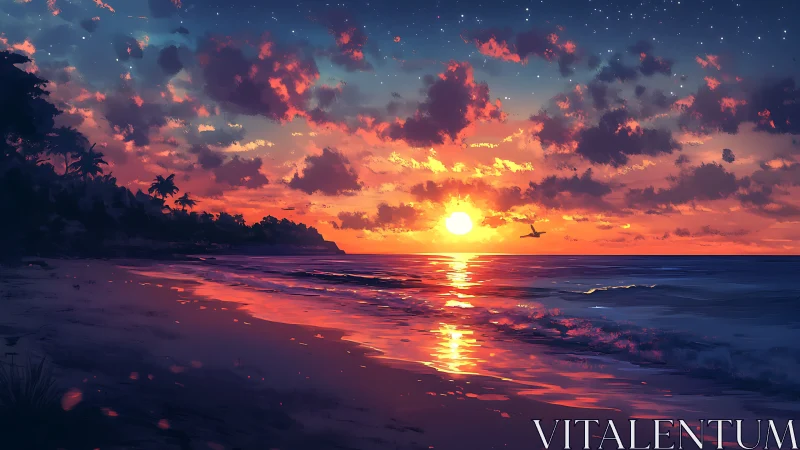 Glowing tropical sunset welcoming you to a dreamy shore.